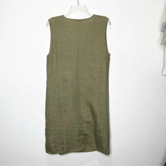 Luna Luz 100% Linen Inset Tank Pockets Dress Olive Green Lagenlook Medium Lounge