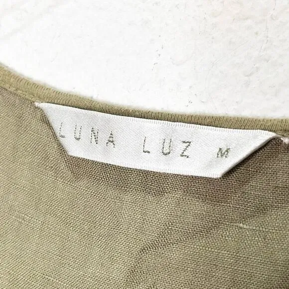 Luna Luz 100% Linen Inset Tank Pockets Dress Olive Green Lagenlook Medium Lounge