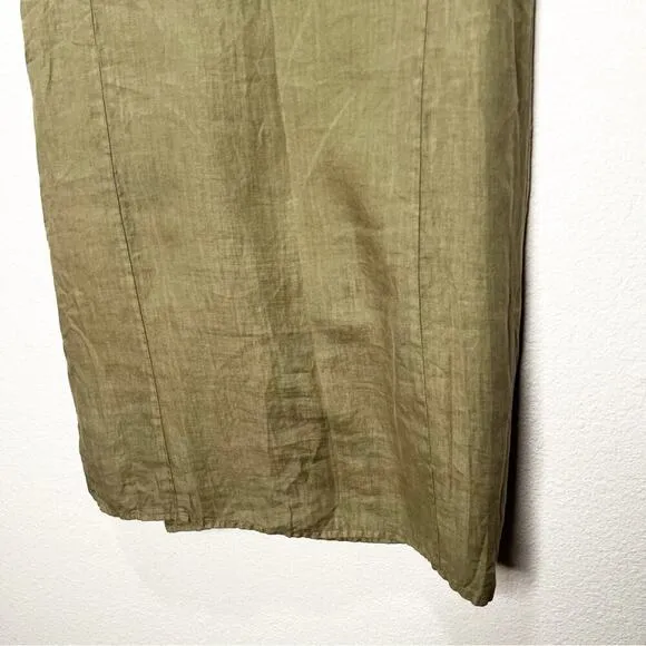 Luna Luz 100% Linen Inset Tank Pockets Dress Olive Green Lagenlook Medium Lounge