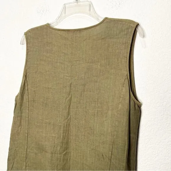 Luna Luz 100% Linen Inset Tank Pockets Dress Olive Green Lagenlook Medium Lounge