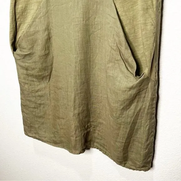 Luna Luz 100% Linen Inset Tank Pockets Dress Olive Green Lagenlook Medium Lounge