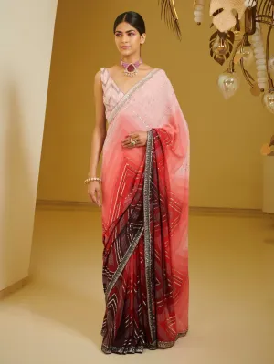 Maroon Pink Embroidered Saree And Blouse