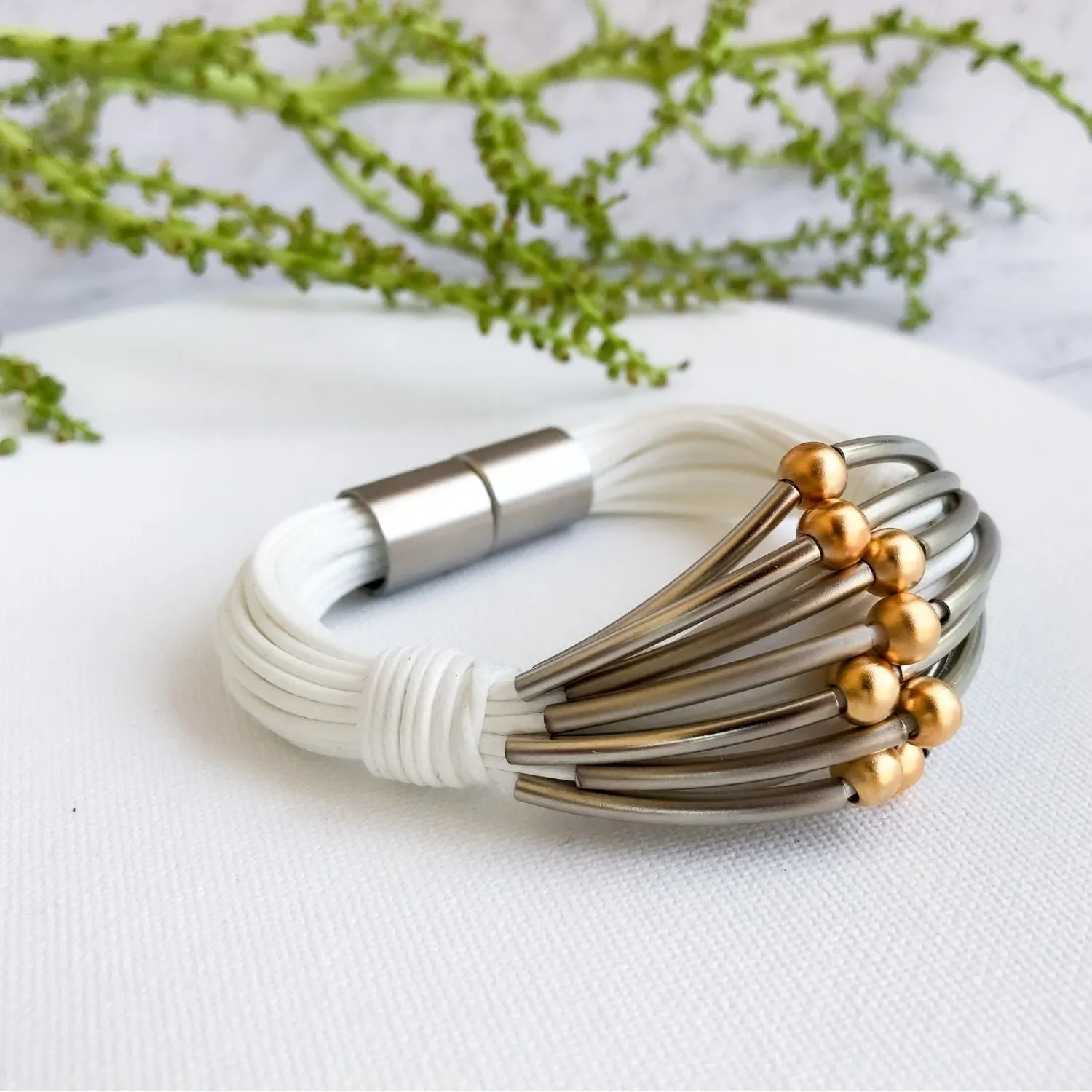 Maya - Edgy, white, sterling silver and 24K gold cuff bracelet