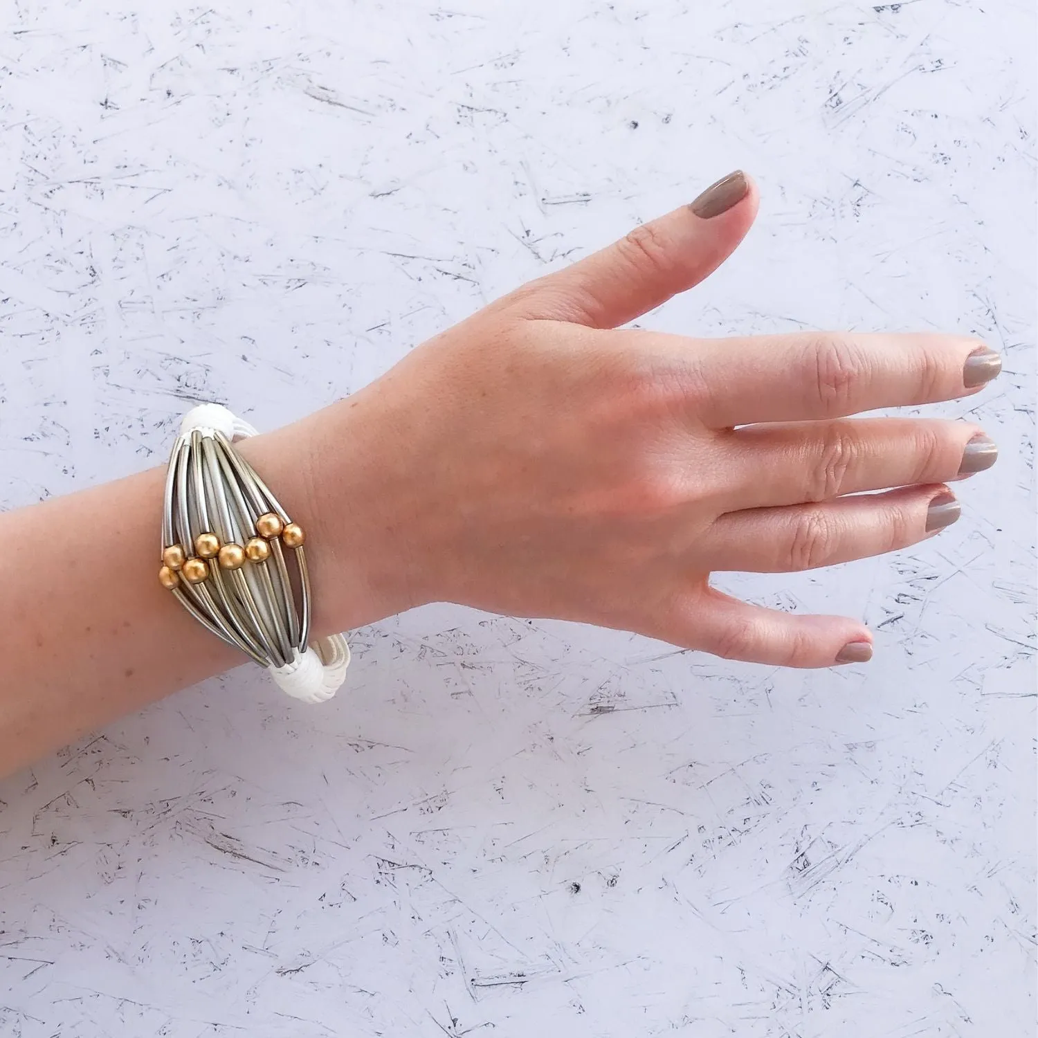 Maya - Edgy, white, sterling silver and 24K gold cuff bracelet