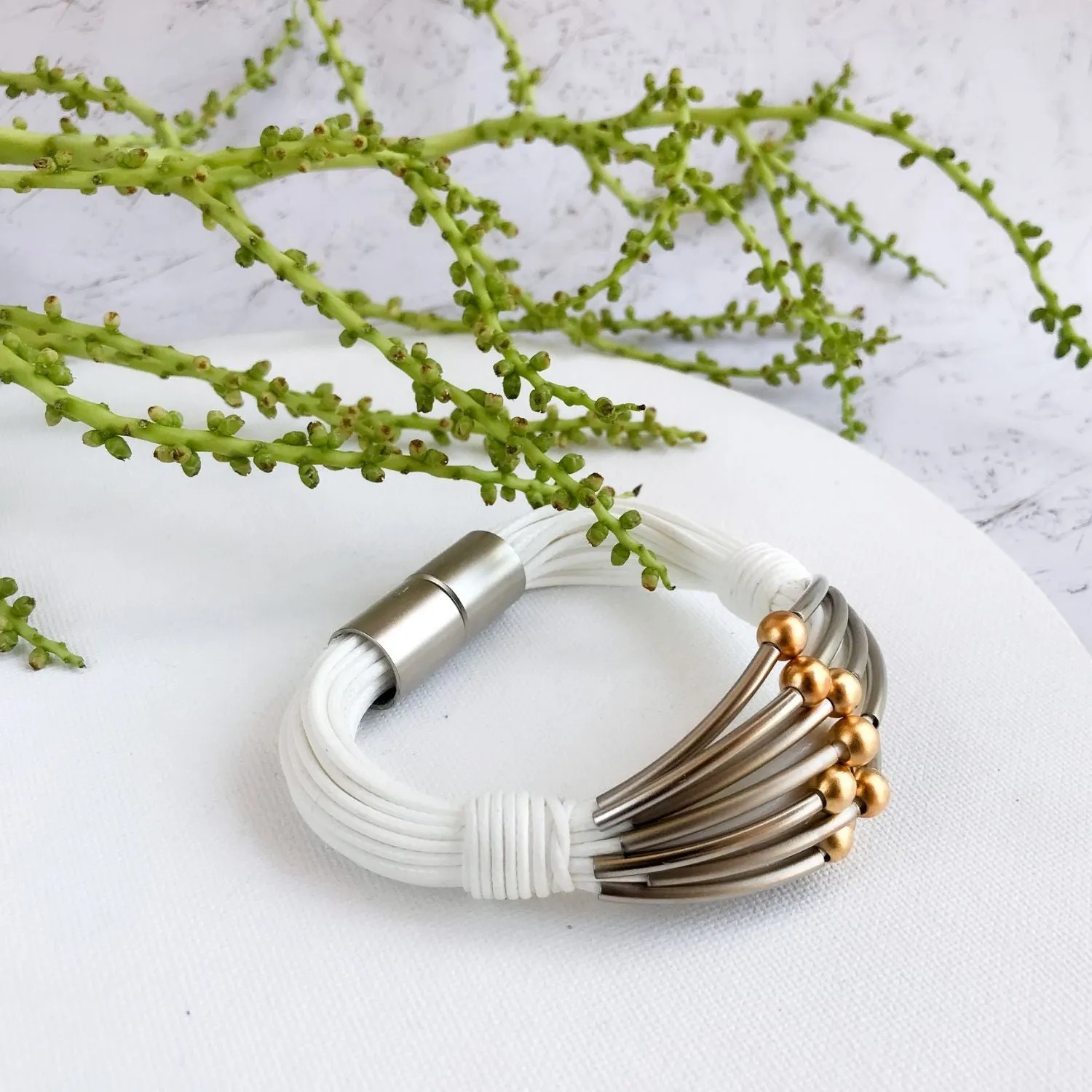 Maya - Edgy, white, sterling silver and 24K gold cuff bracelet