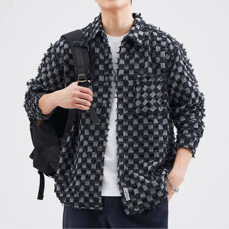 Men’s Denim Jacket – Distressed Checkerboard – Street Style Statement