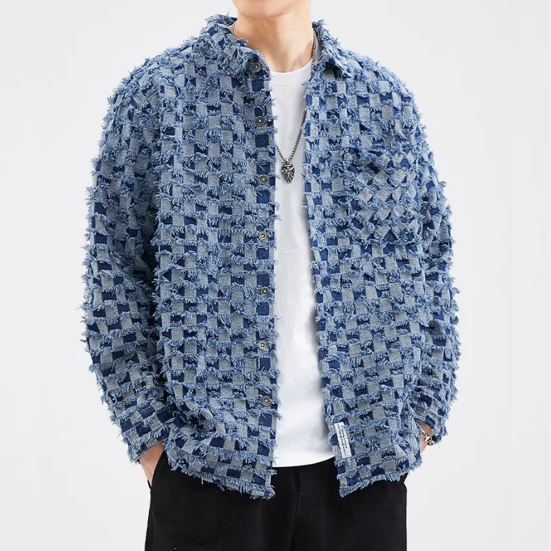 Men’s Denim Jacket – Distressed Checkerboard – Street Style Statement