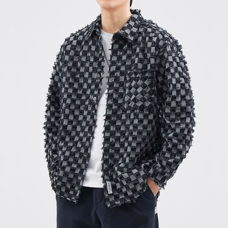 Men’s Denim Jacket – Distressed Checkerboard – Street Style Statement