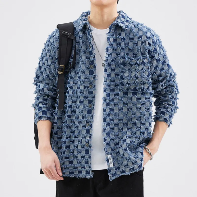 Men’s Denim Jacket – Distressed Checkerboard – Street Style Statement
