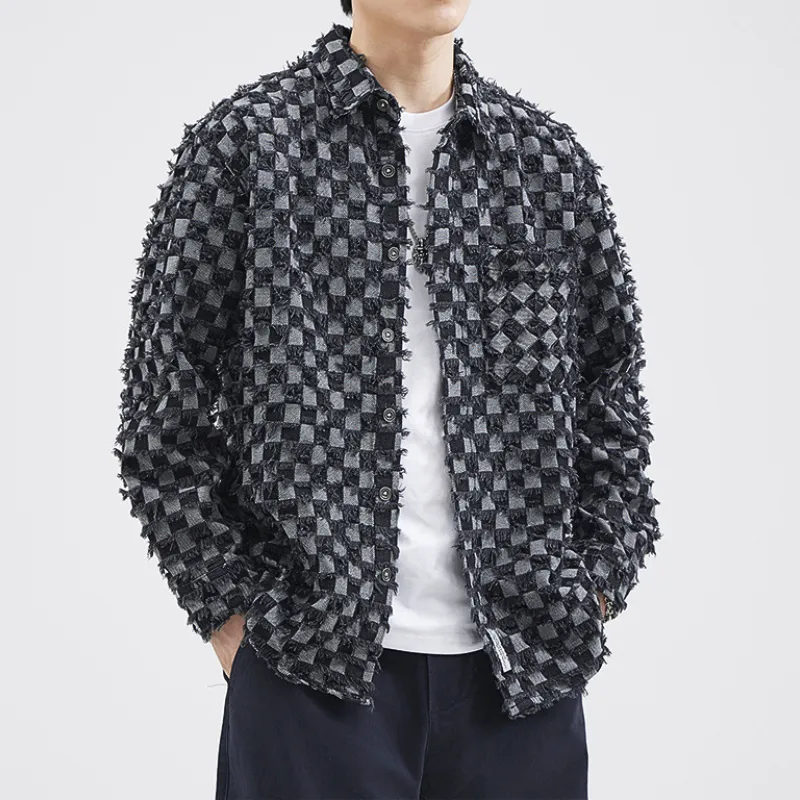 Men’s Denim Jacket – Distressed Checkerboard – Street Style Statement