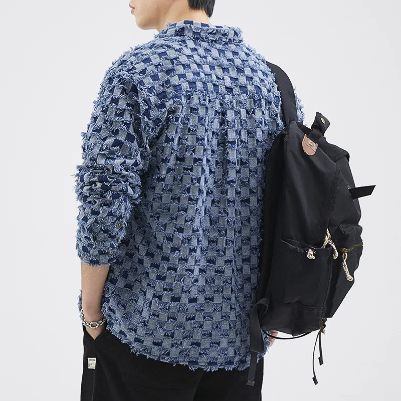 Men’s Denim Jacket – Distressed Checkerboard – Street Style Statement