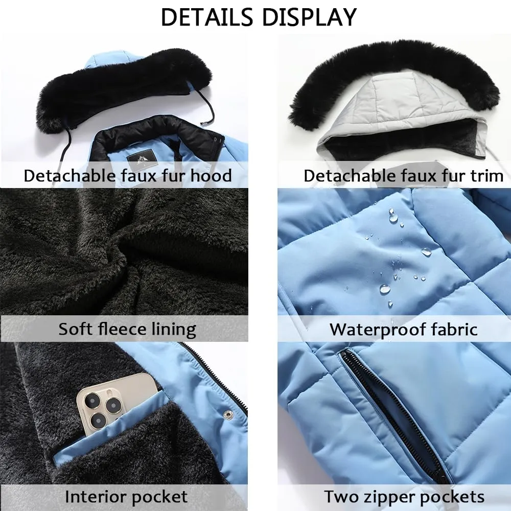 MOERDENG Women's Winter Puffer Coat Thicken Fleece Lined Down Jacket Waterproof Faux Fur Detachable Hooded Parka
