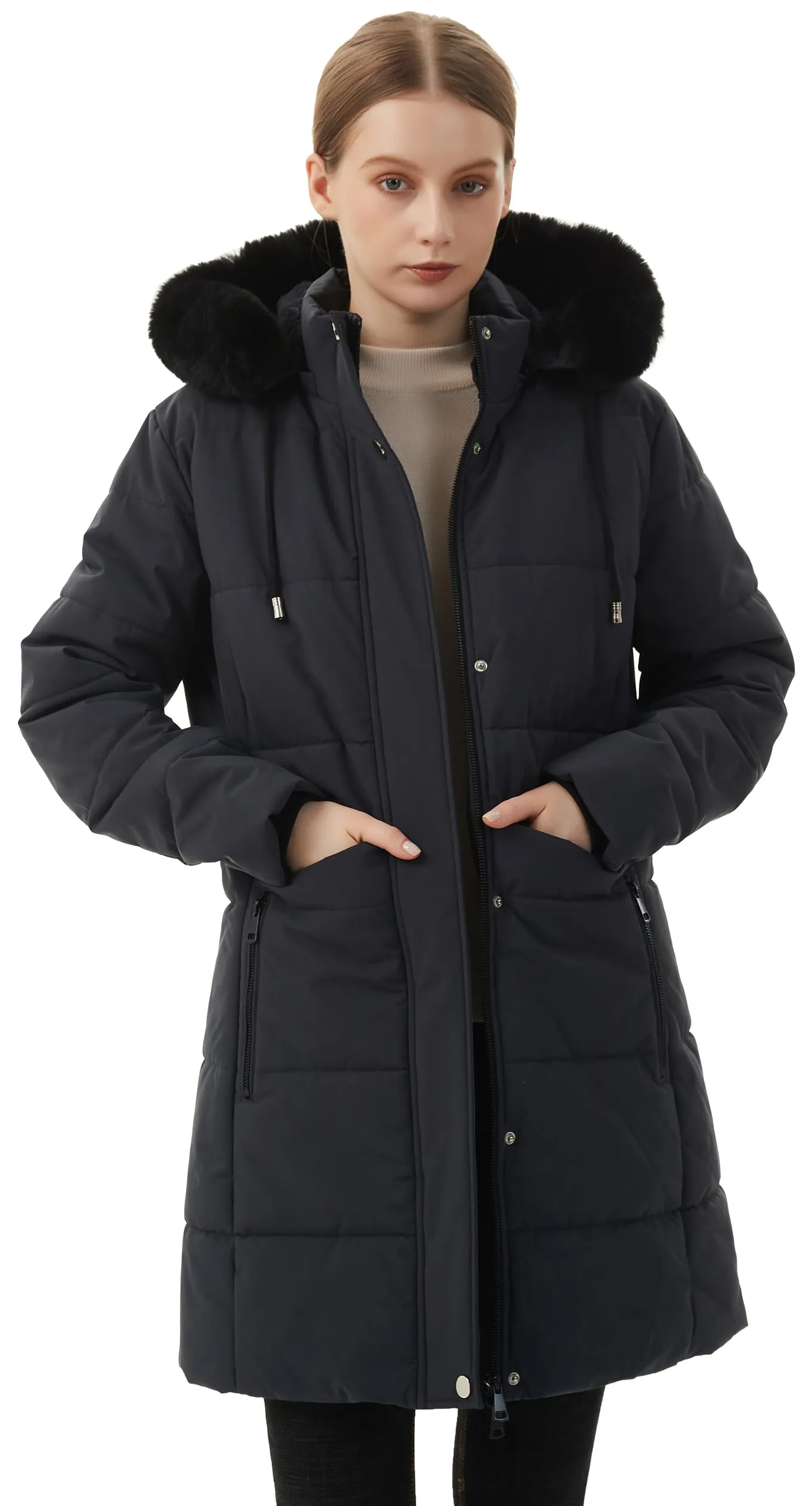 MOERDENG Women's Winter Puffer Coat Thicken Fleece Lined Down Jacket Waterproof Faux Fur Detachable Hooded Parka