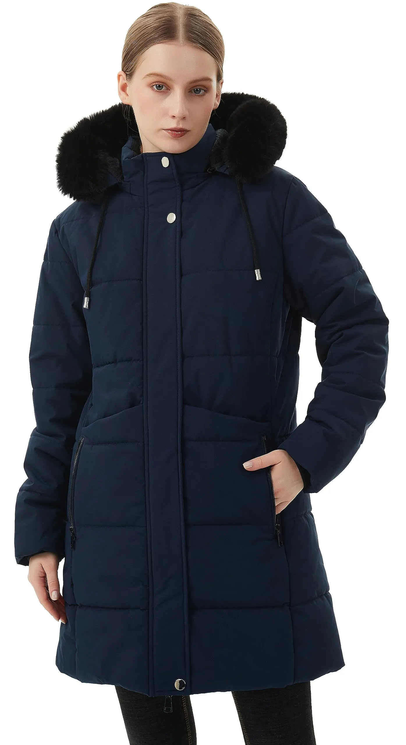 MOERDENG Women's Winter Puffer Coat Thicken Fleece Lined Down Jacket Waterproof Faux Fur Detachable Hooded Parka