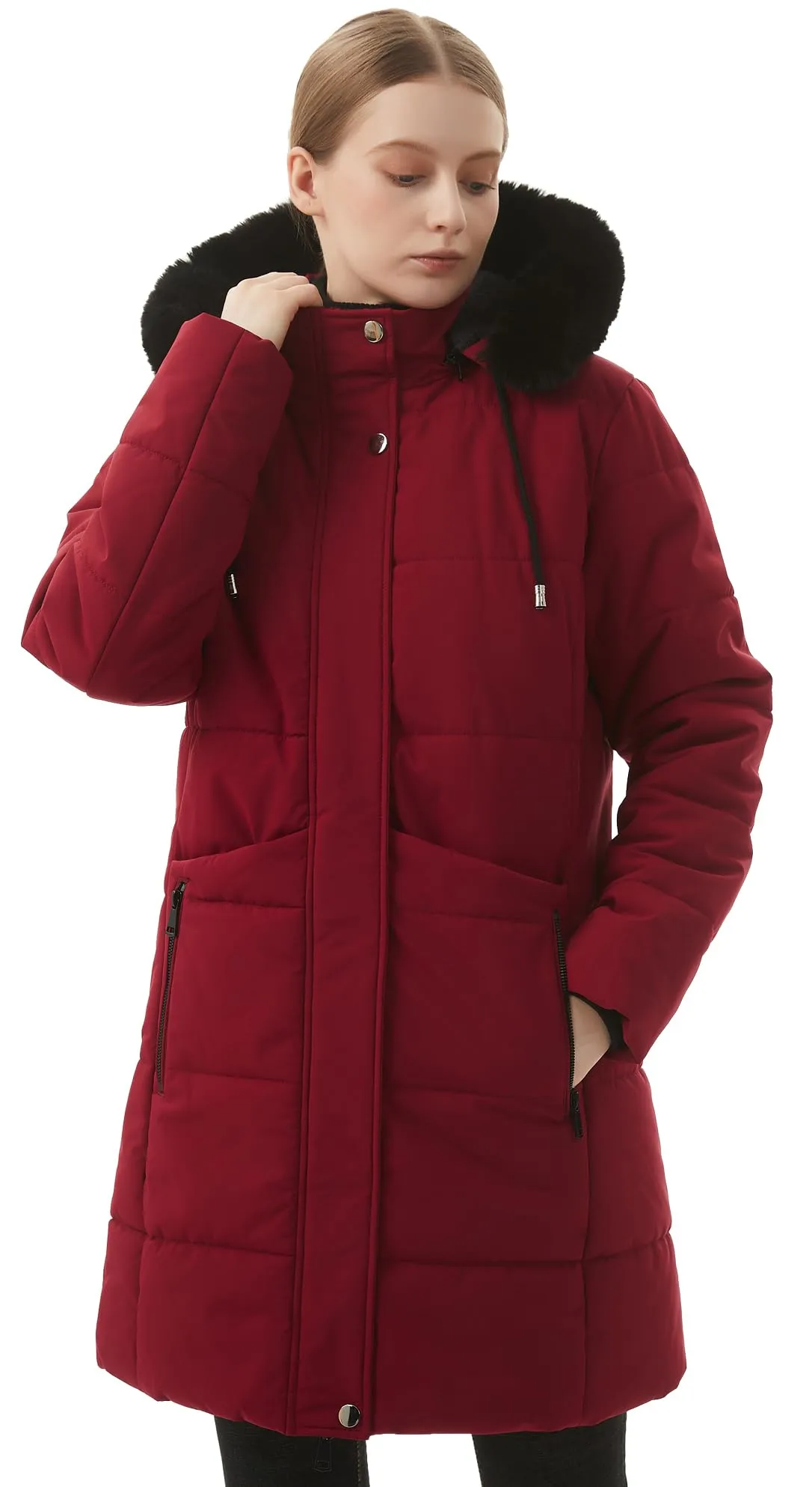 MOERDENG Women's Winter Puffer Coat Thicken Fleece Lined Down Jacket Waterproof Faux Fur Detachable Hooded Parka