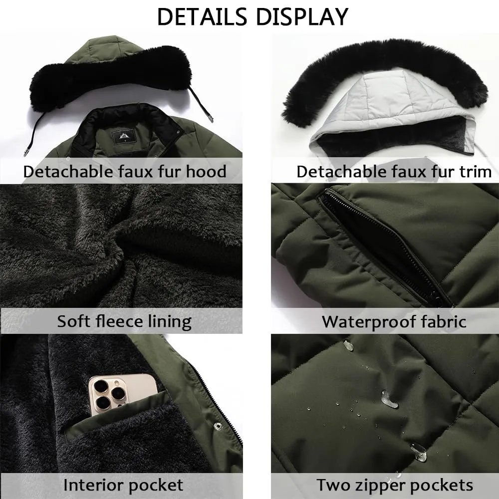 MOERDENG Women's Winter Puffer Coat Thicken Fleece Lined Down Jacket Waterproof Faux Fur Detachable Hooded Parka