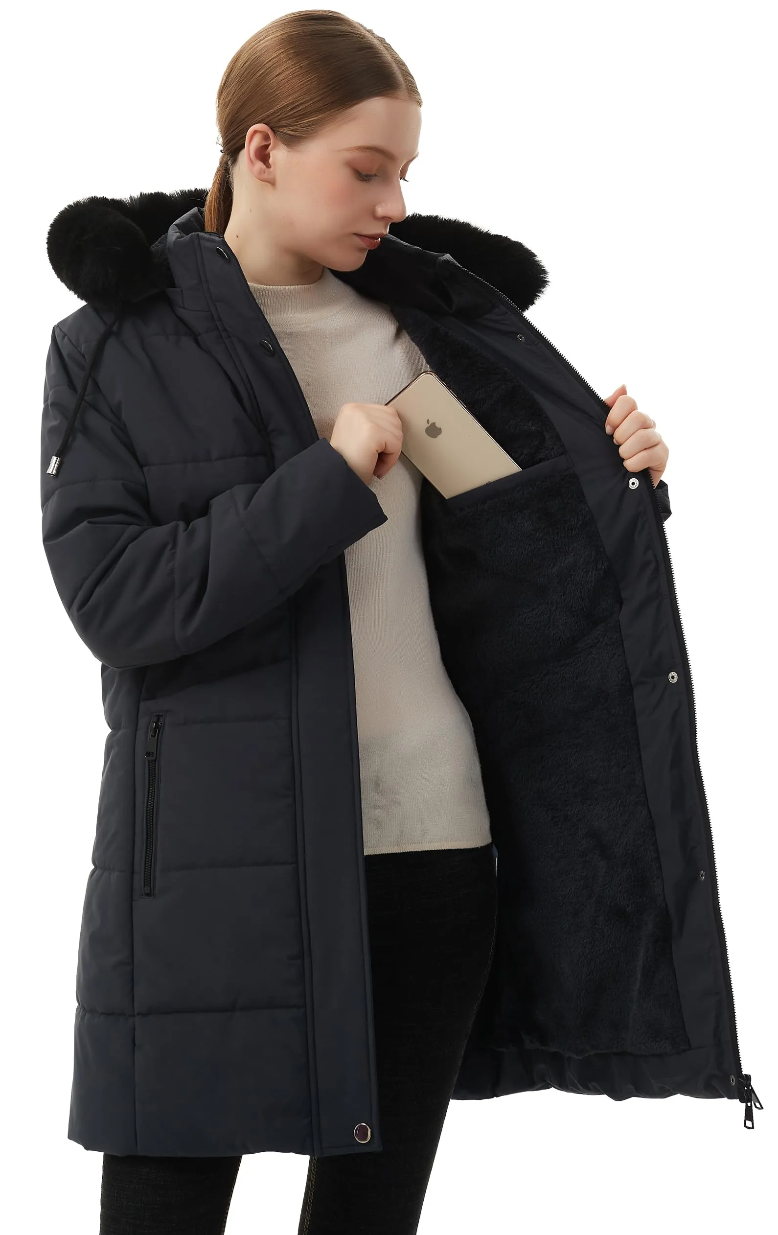 MOERDENG Women's Winter Puffer Coat Thicken Fleece Lined Down Jacket Waterproof Faux Fur Detachable Hooded Parka