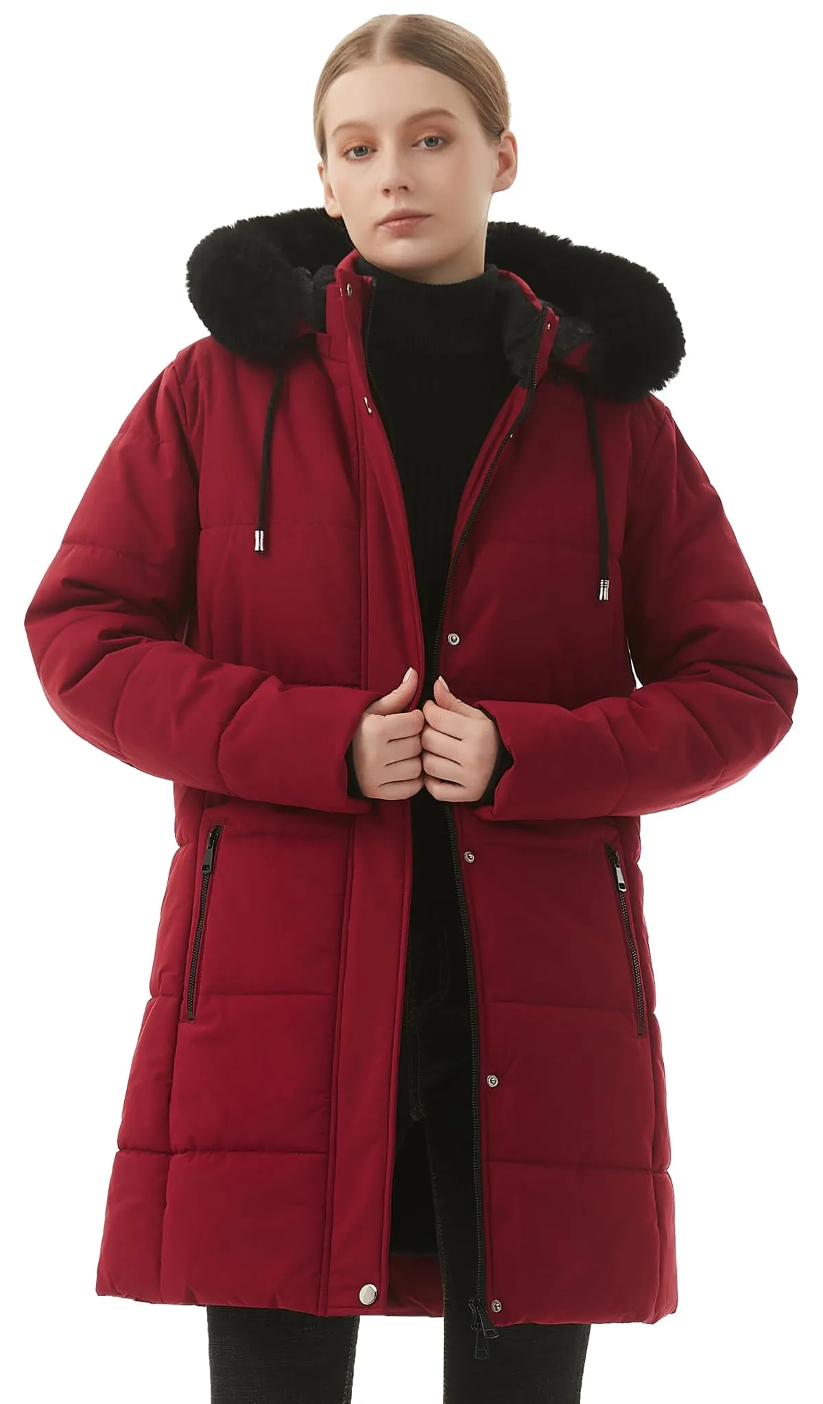 MOERDENG Women's Winter Puffer Coat Thicken Fleece Lined Down Jacket Waterproof Faux Fur Detachable Hooded Parka