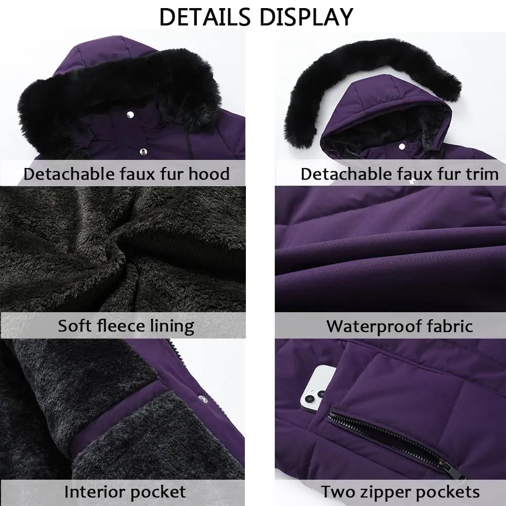 MOERDENG Women's Winter Puffer Coat Thicken Fleece Lined Down Jacket Waterproof Faux Fur Detachable Hooded Parka