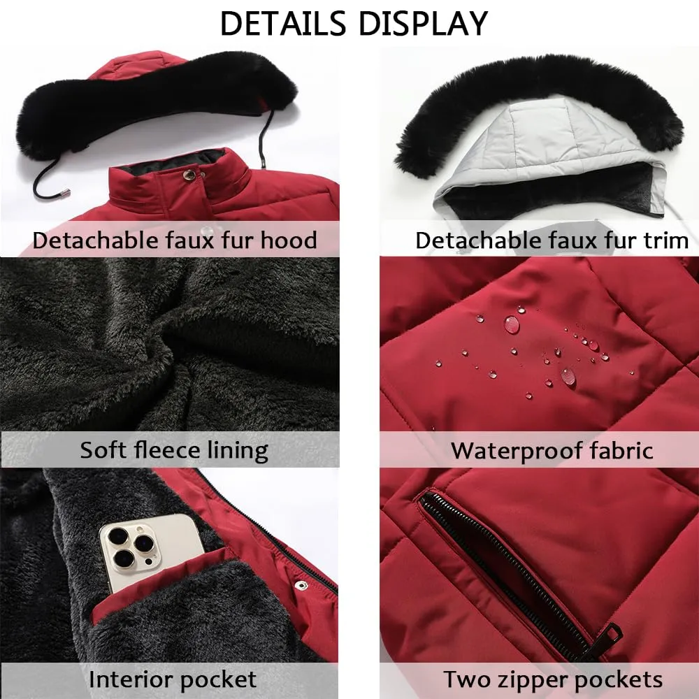 MOERDENG Women's Winter Puffer Coat Thicken Fleece Lined Down Jacket Waterproof Faux Fur Detachable Hooded Parka