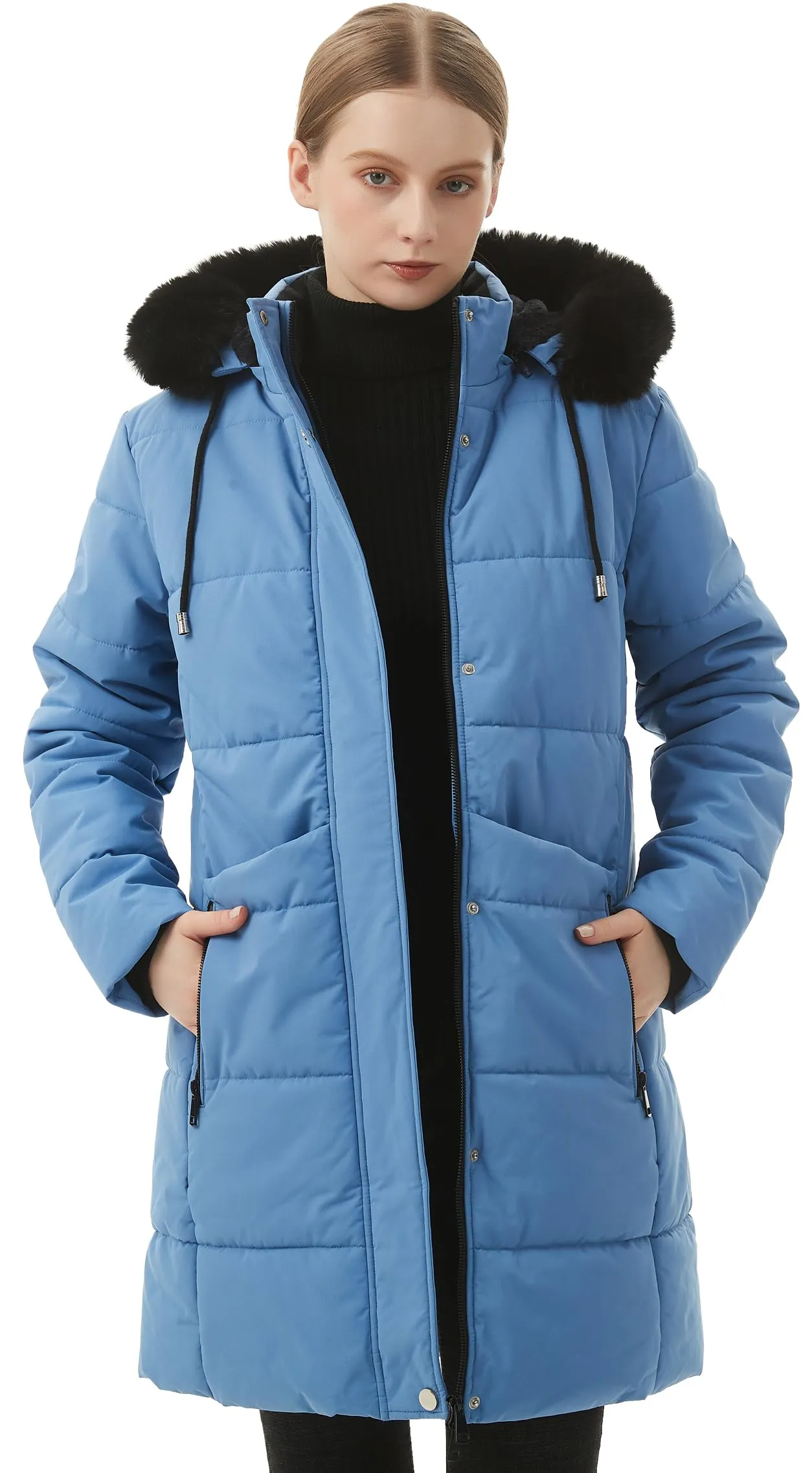 MOERDENG Women's Winter Puffer Coat Thicken Fleece Lined Down Jacket Waterproof Faux Fur Detachable Hooded Parka