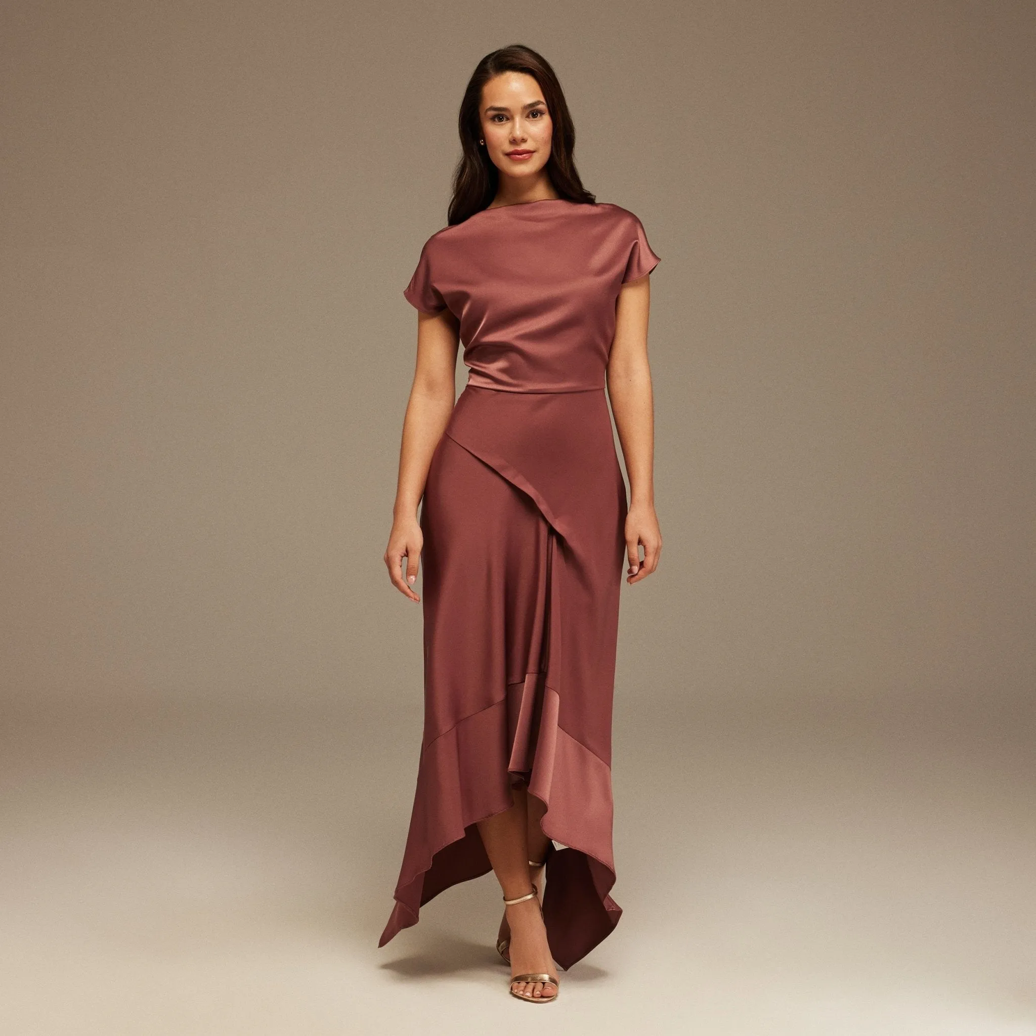 Muted Clay Dropped Sleeve Asymmetric Midi Dress