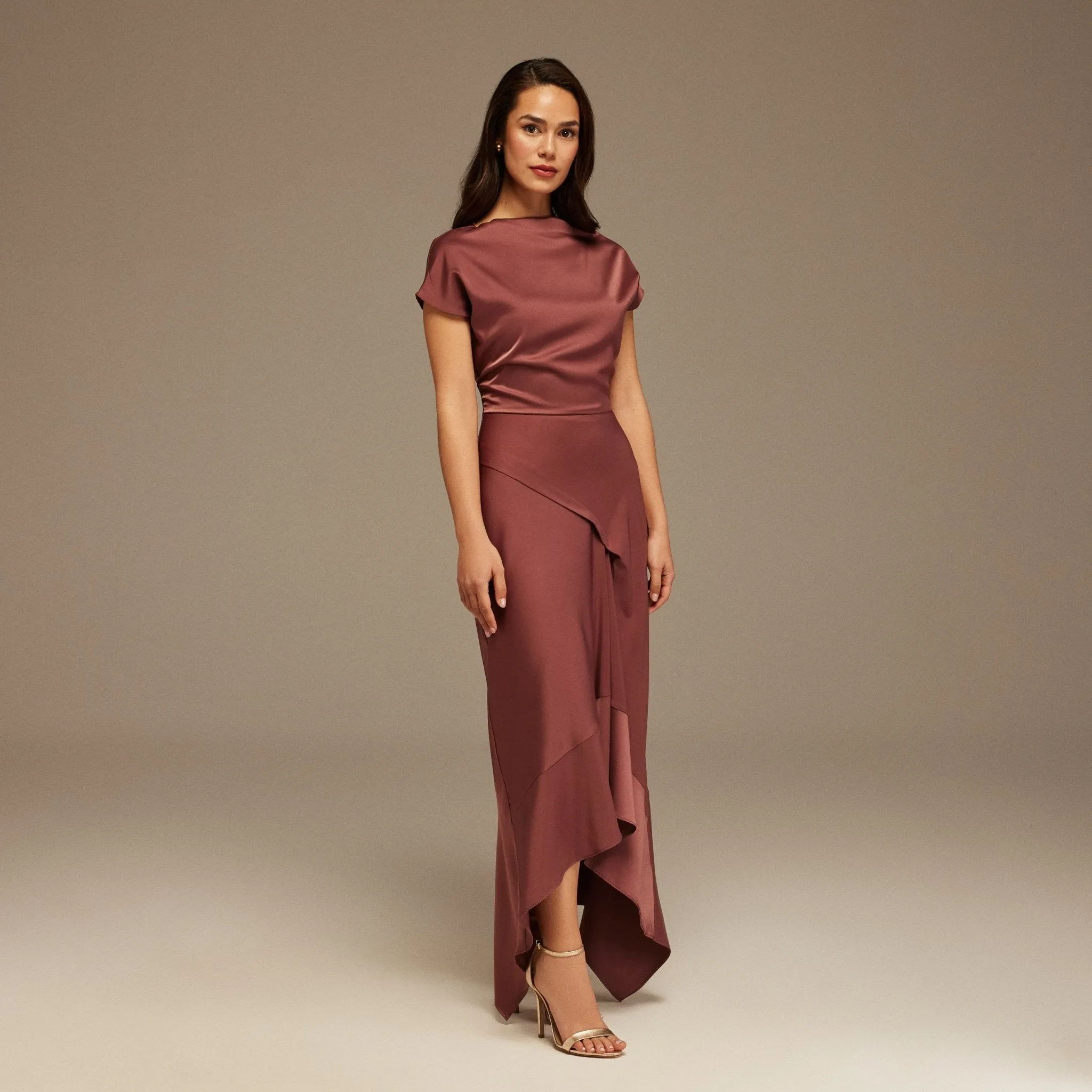 Muted Clay Dropped Sleeve Asymmetric Midi Dress