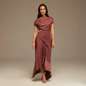 Muted Clay Dropped Sleeve Asymmetric Midi Dress