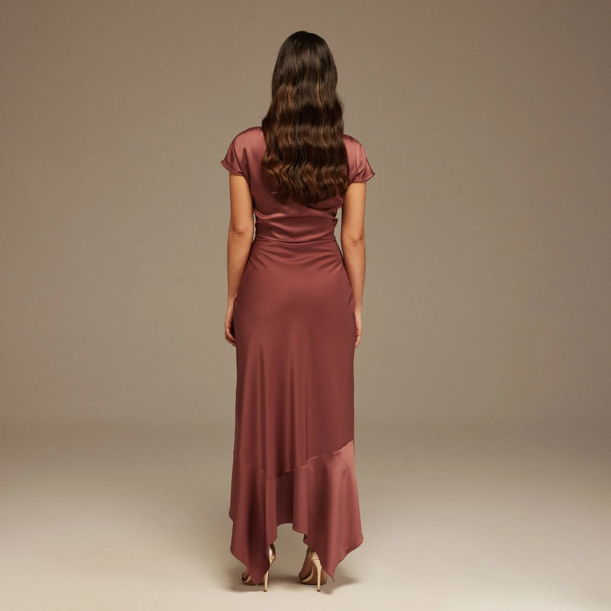 Muted Clay Dropped Sleeve Asymmetric Midi Dress