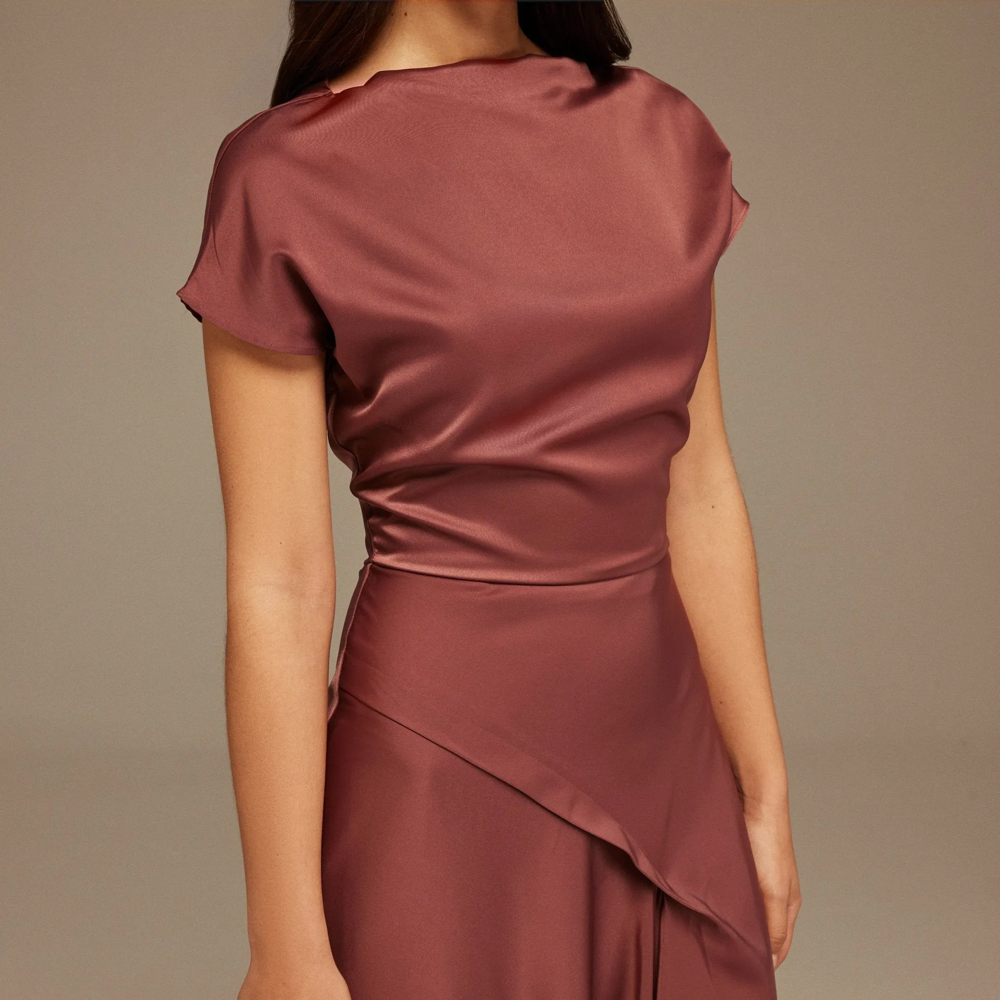 Muted Clay Dropped Sleeve Asymmetric Midi Dress