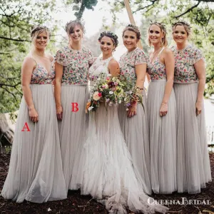 Newest Unique Design Mismatched Grey Tulle Top Flower Appliqued Long Cheap Bridesmaid Dresses, BDS0006