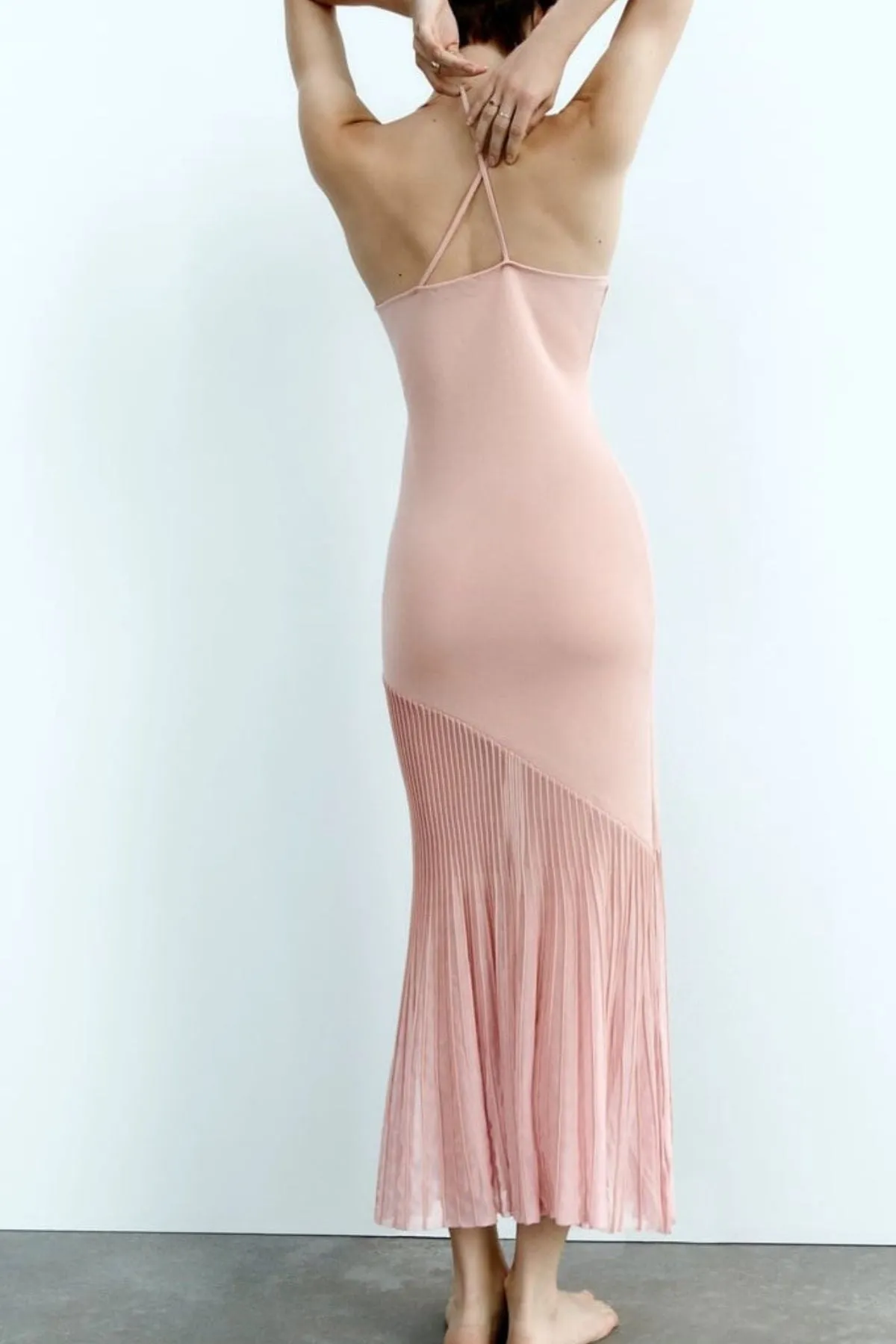 NICOLE Cross-Strap Knit Pleated Midi Dress (Blush Pink)