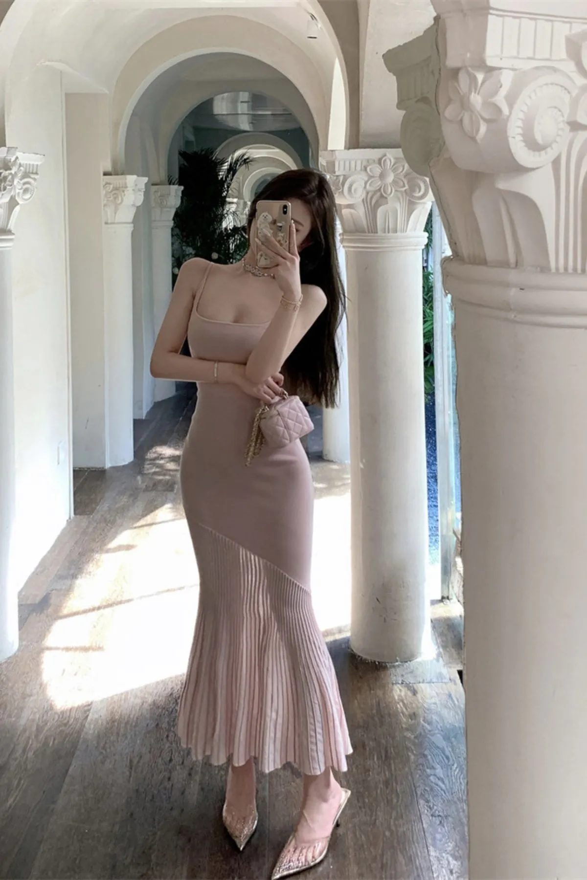 NICOLE Cross-Strap Knit Pleated Midi Dress (Blush Pink)