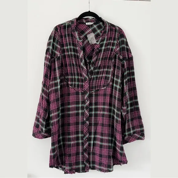 NWOT Free People Plaid About You Flannel Shirt / Black Combo