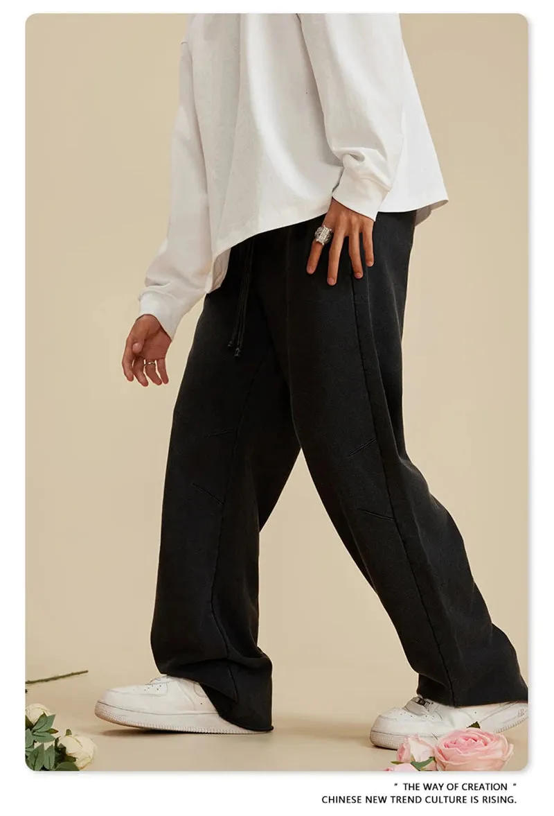 Obsidian Phoenix Luxury 380gsm Washed Cotton Pants - Unisex Oversized High-Street Loose-Fit Straight Knitted Trousers
