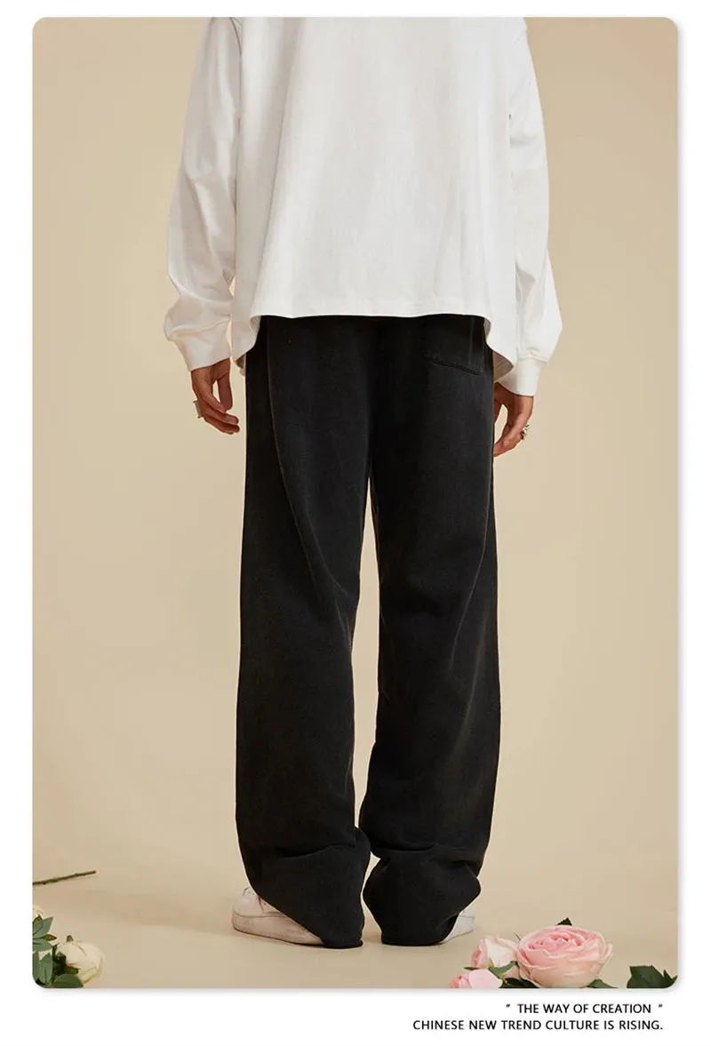 Obsidian Phoenix Luxury 380gsm Washed Cotton Pants - Unisex Oversized High-Street Loose-Fit Straight Knitted Trousers