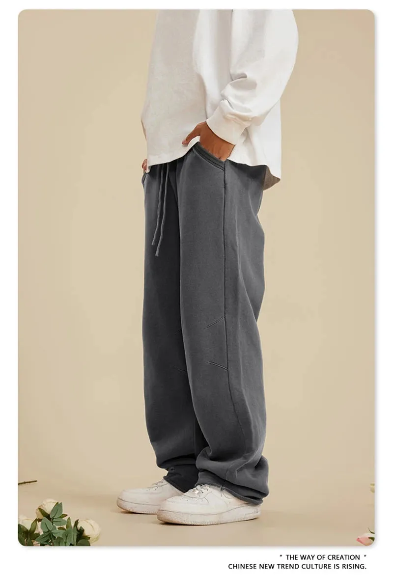 Obsidian Phoenix Luxury 380gsm Washed Cotton Pants - Unisex Oversized High-Street Loose-Fit Straight Knitted Trousers
