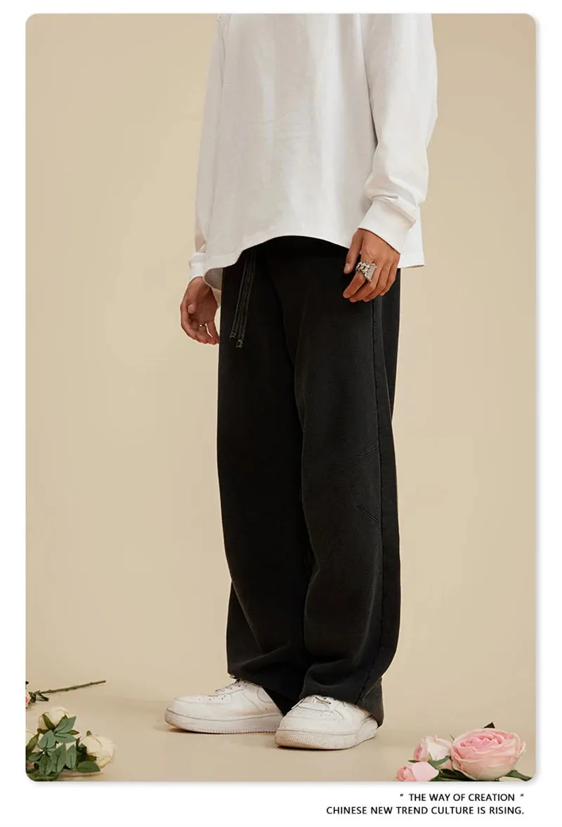 Obsidian Phoenix Luxury 380gsm Washed Cotton Pants - Unisex Oversized High-Street Loose-Fit Straight Knitted Trousers