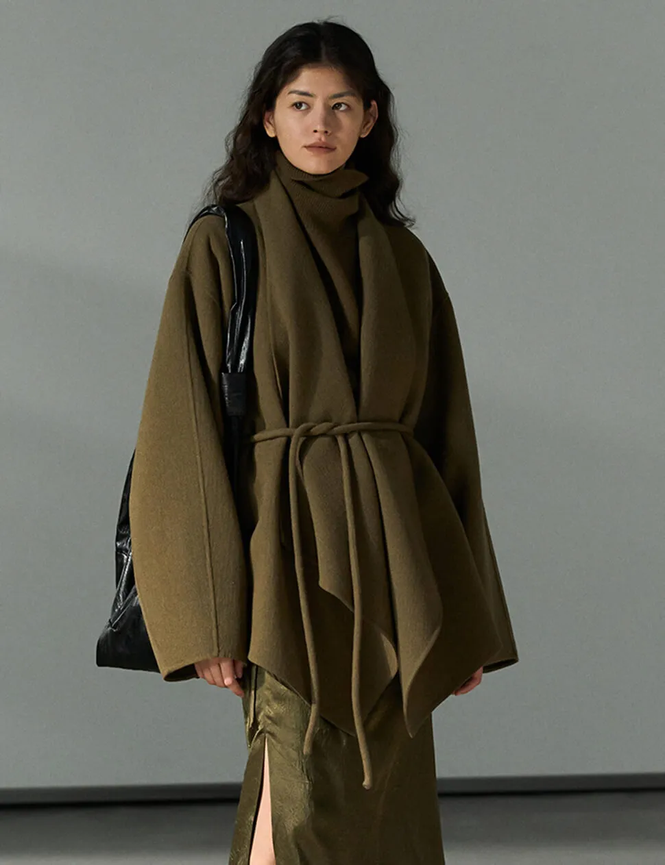 Olive Open-Front Kimono Coat