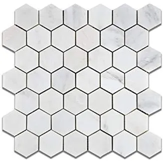 Oriental White (Eastern White) Marble 2" Hexagon Mosaic Tile, Polished - Box of 5 Sheets