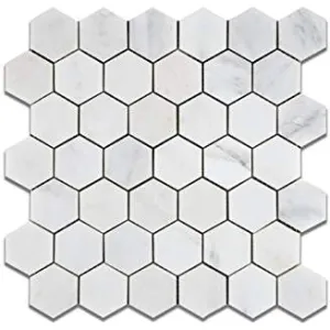 Oriental White (Eastern White) Marble 2" Hexagon Mosaic Tile, Polished - Box of 5 Sheets