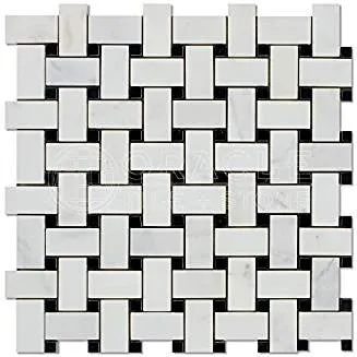 Oriental White (Eastern White) Marble Basketweave Mosaic Tile (Polished / Black Dots)