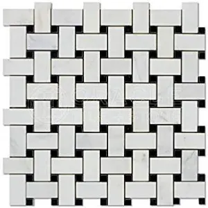 Oriental White (Eastern White) Marble Basketweave Mosaic Tile (Polished / Black Dots)