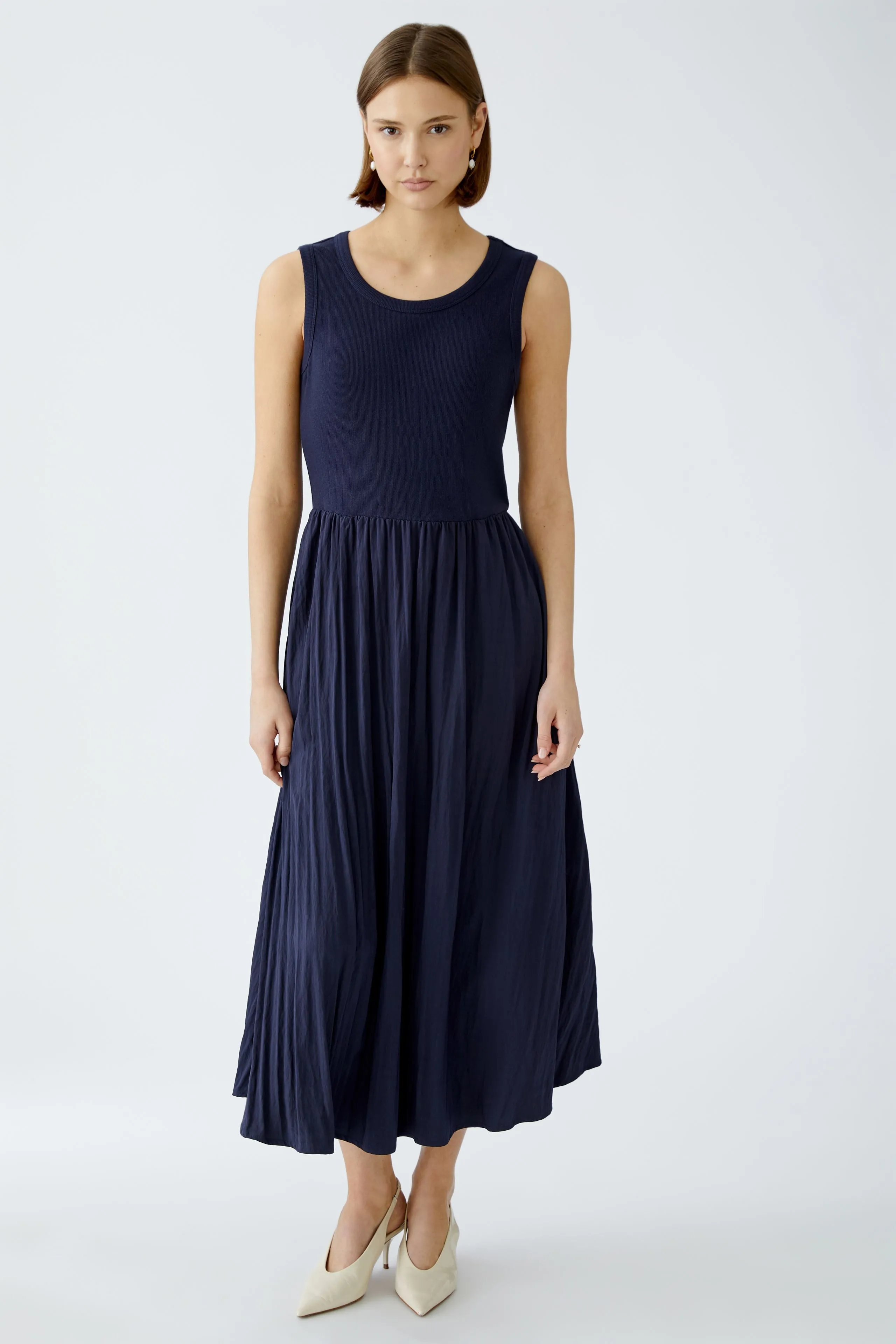 Oui Navy Jersey Sleeveless Maxi Dress With Pleated Skirt