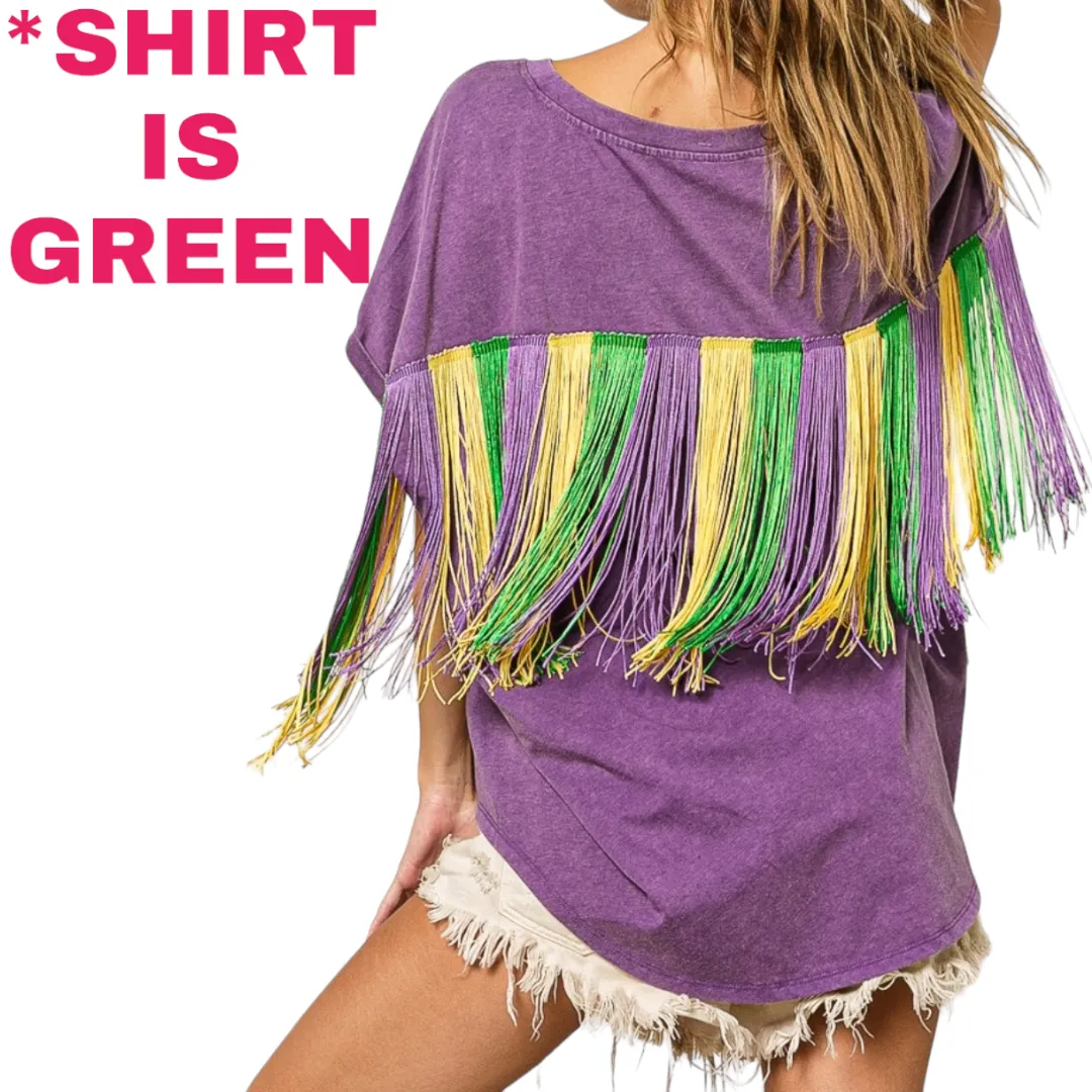 Oversized vintage green fringe Mardi Gras shirt