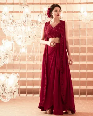 Oxblood Red Jackets And Skirt Set