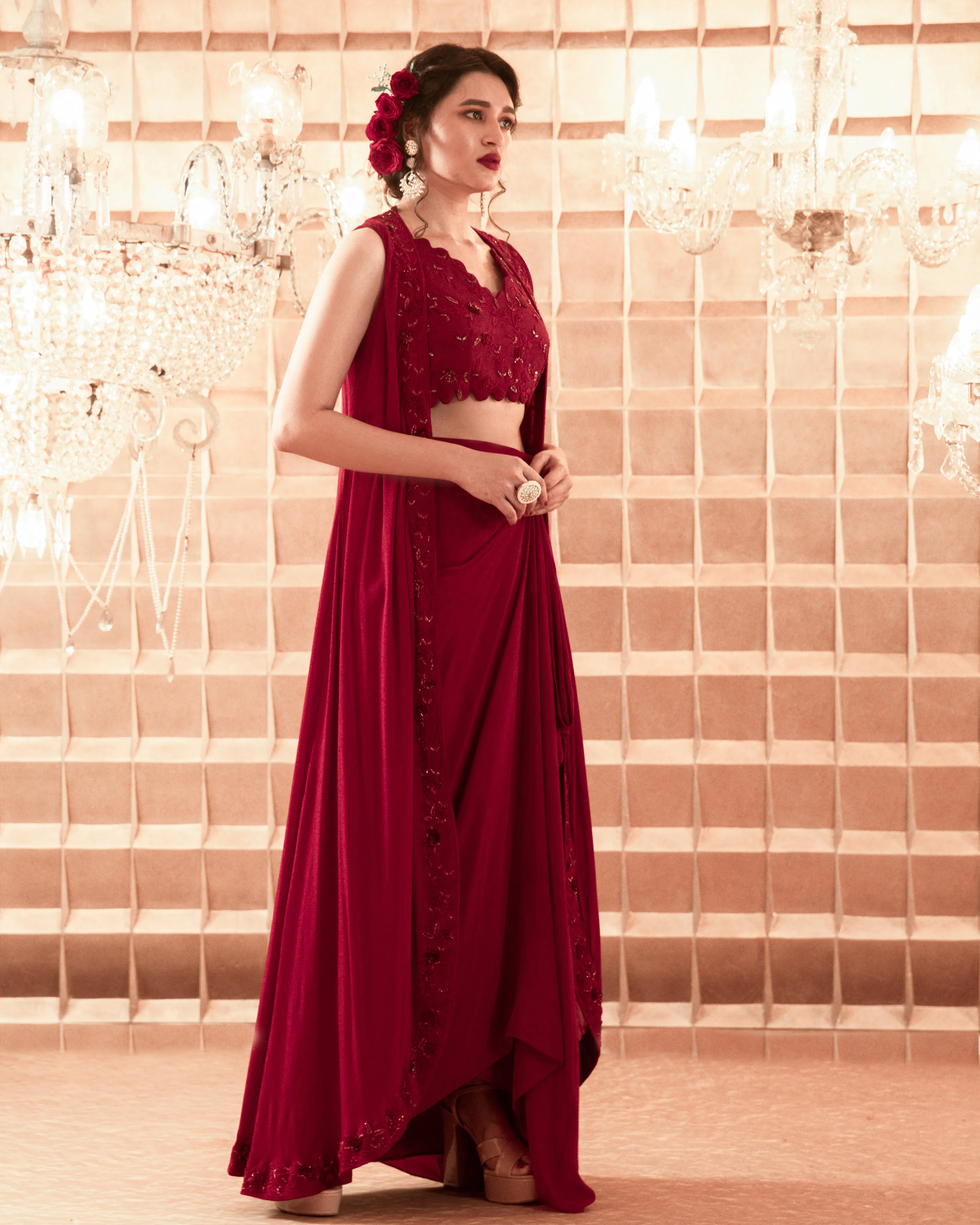 Oxblood Red Jackets And Skirt Set