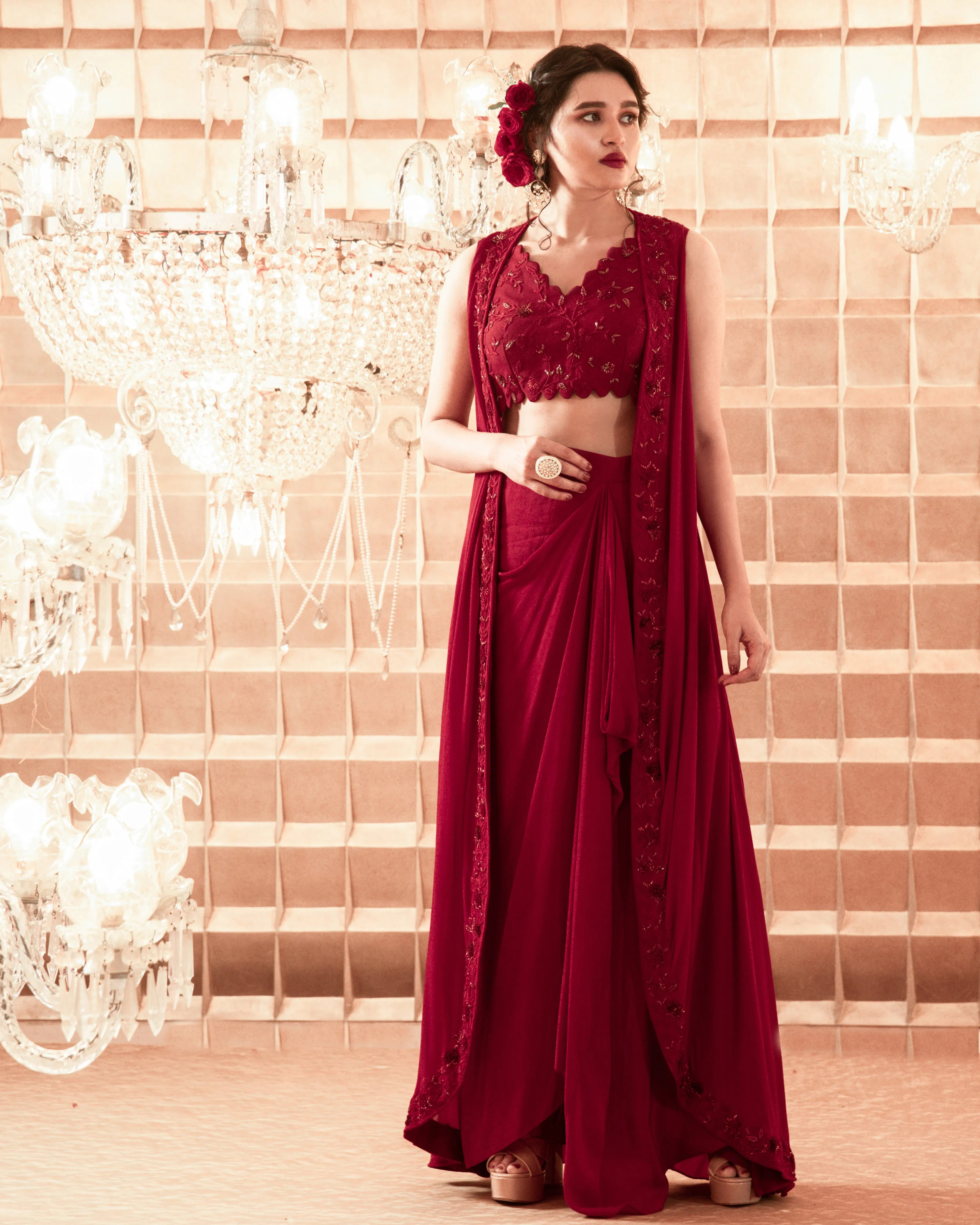 Oxblood Red Jackets And Skirt Set