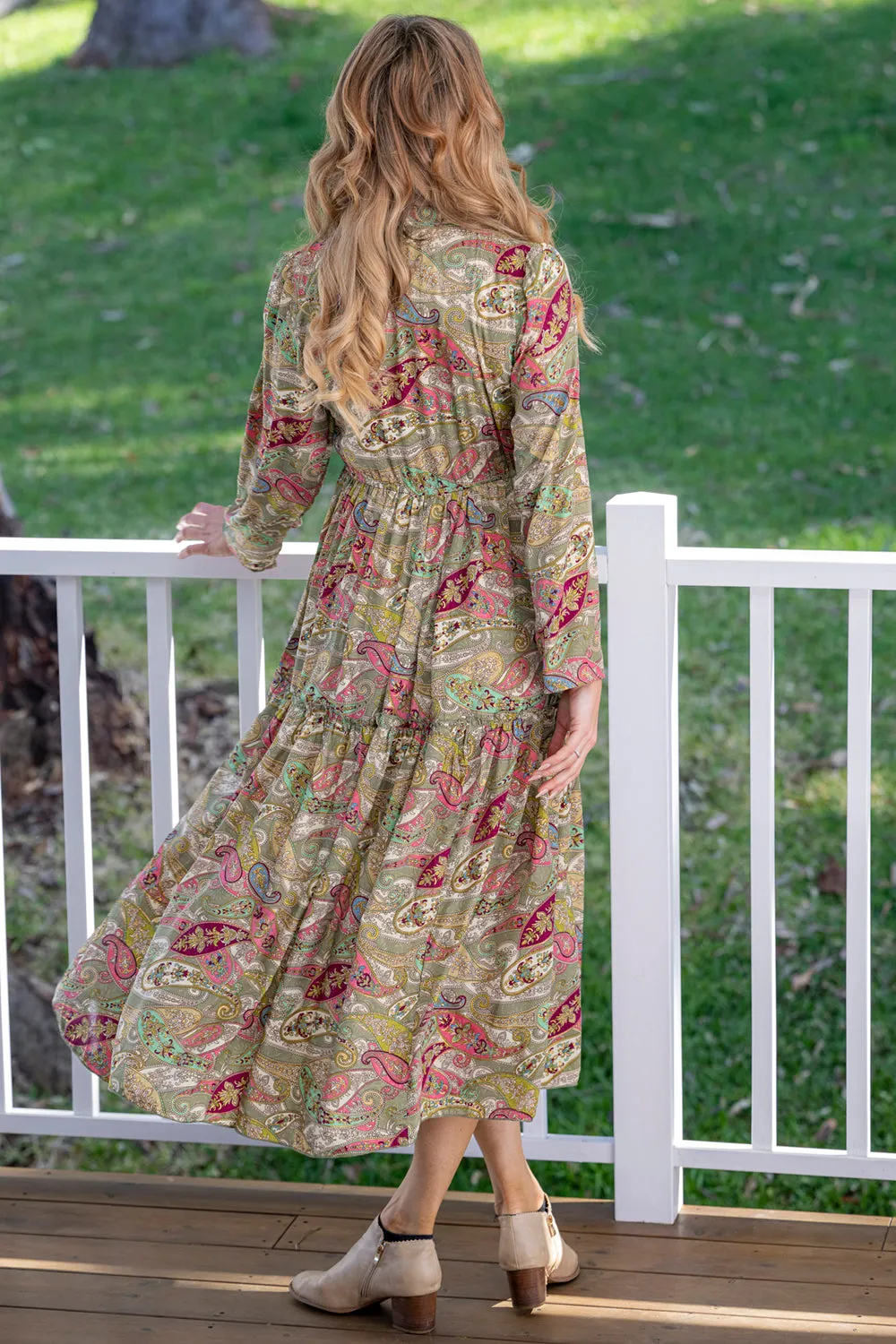 Paisley Pintuck Long Dress - Khaki Base