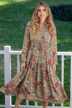 Paisley Pintuck Long Dress - Khaki Base